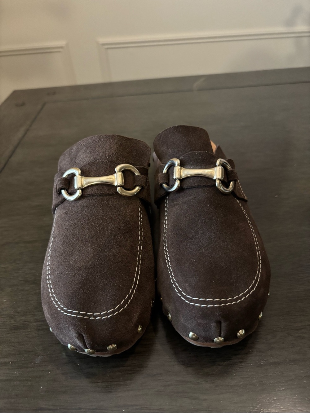 Brown Suede Studded Mule with Gold Bit Hardware size 38 - Picture 2 of 7